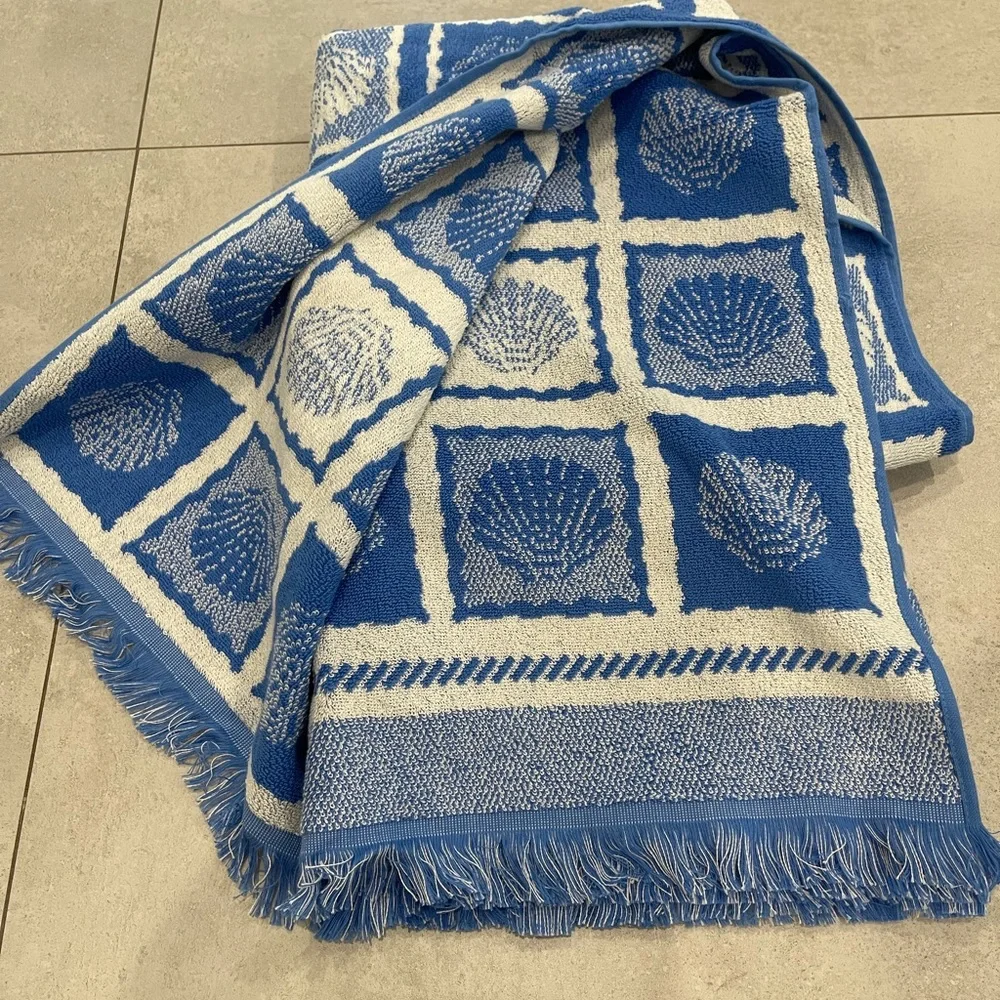Rachel Zoe Blue and White Seashell Grid Beach Towel with Fringe